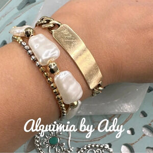Faux pearls chunky gold adjustable rope chain tennis bracelet